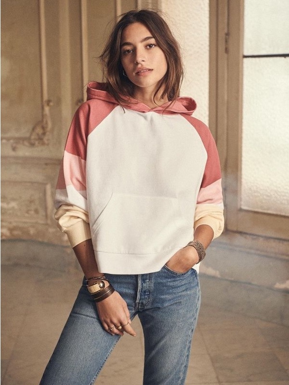 Sézane Colorblock Cropped Hoodie Dusty Rose Cream White Est M